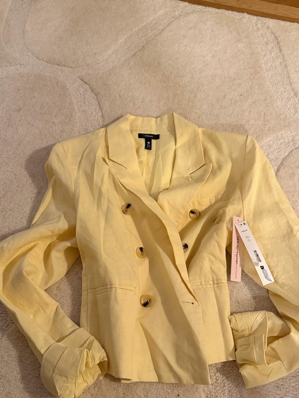 Aqua Pale Yellow Double-Breasted Linen-Blend Blazer